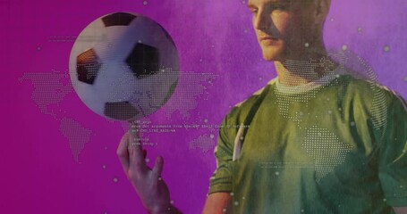 Poster - Spinning soccer ball with digital data and animation overlaying world map