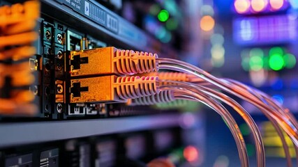 Poster - Close-up of Network Cables and Connections in a Server Room with Colorful LED Lights Creating a High-Tech Atmosphere for IT Professionals and Technology Enthusiasts