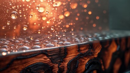Wet surface and bokeh of light, with water droplets clinging to a wooden surface.