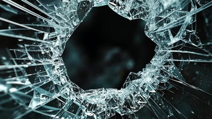 Poster - Close-up View of a Shattered Glass Surface with Cracks Radiating from the Center of a Bullet Hole in a Dramatic Dark Background