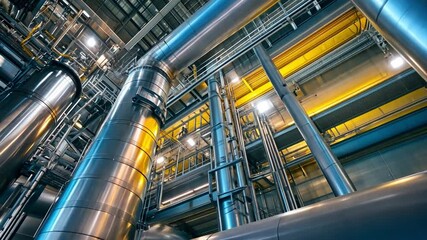 Poster - Intricate industrial machinery with pipes, beams, and lights in a modern manufacturing facility showcasing advanced engineering and design elements
