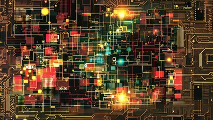 Fototapete - Witness the captivating interplay of colors and lights in complex digital circuits that showcase modern technology and creativity