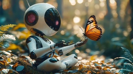 Poster - Digital companion exploring nature, a personal assistant robot delicately holds a vibrant digital butterfly, immersed in the study of wildlife in a serene outdoor setting