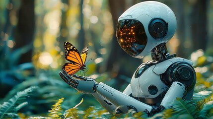 Poster - Robot assistant, engaging with nature, delicately holding a digital butterfly, surrounded by greenery, exploring wildlife and technology harmony, serene outdoor setting.