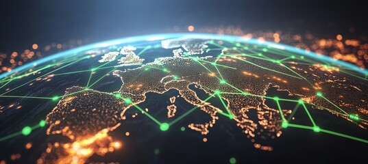 Poster - Global Connection Network, planet Earth rotating with illuminating lines, network and nodes
