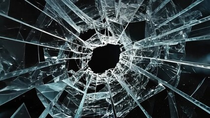 Poster - High-resolution image of a shattered glass surface capturing intricate details of cracks and reflections in a dramatic dark background setting