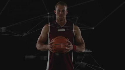 Poster - Holding basketball, player with digital network connections in animation style