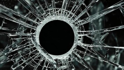 Poster - High-Resolution Image of a Broken Glass Surface with a Round Hole in the Center, Capturing the Intricate Patterns and Shattered Edges of Glass Fragments