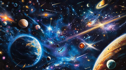 Wall Mural - Universe background of deep space - meteors streaking across starry dark blue sky with glowing planets and celestial bodies. Cosmic panoramic scene with bright comets for astronomical design.