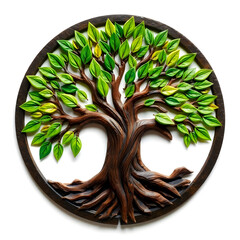 Poster - A digital illustration of a tree of life symbol, a root within a circle, rendered in layered paper cut style with sculpted textures art illustration design