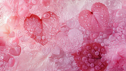 Wall Mural - Realistic set of abstract pink circles with heart shape leaves and shimmering particles on transparent background. Vector illustration of love energy swirls flying in air. Neon color symbol of romance