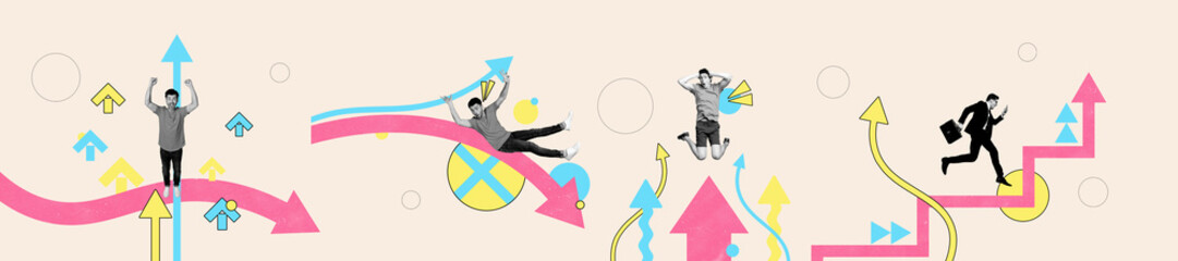 Aufkleber - Exclusive panoramic collage of excited businessmen partners run jump arrow development progress aim achievement opportunity