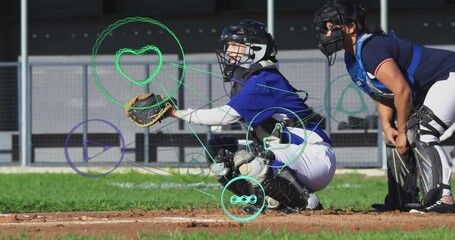 Poster - Baseball players in action with digital animation overlay of icons and lines