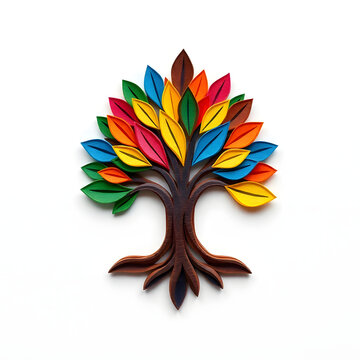 A digital illustration of a tree of life symbol, a root within a circle, rendered in layered paper cut style with sculpted textures art illustration design