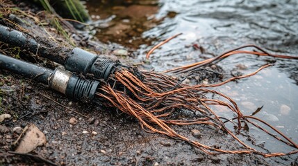 Poster - A broken electrical cable with exposed copper wires lying near a riverbank, depicting the wear and tear of industrial materials and the need for repair in challenging environments