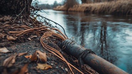 Poster - A broken electrical cable with exposed copper wires lying near a riverbank, depicting the wear and tear of industrial materials and the need for repair in challenging environments