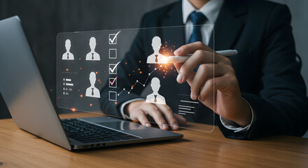 person using laptop with digital screen showing candidate selection process and checklist interface 
