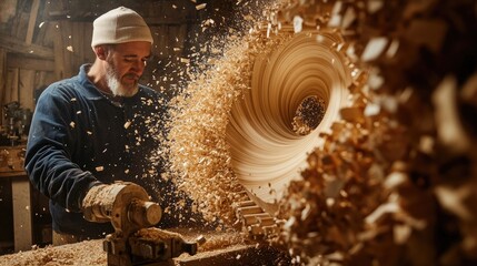 Aufkleber - A carpenter focuses intently on a lathe as wood chips fly in all directions, capturing the beauty of craftsmanship and the intricate process of shaping wood into a spiral design