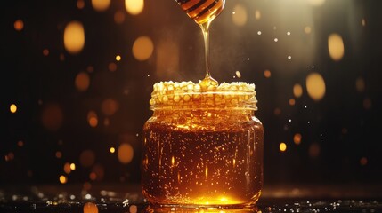 Poster - A close-up of a honeycomb dripping honey into a glass jar, illuminated by soft, warm light, capturing the beauty and sweetness of honey in culinary photography