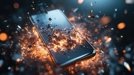 Poster - A close-up of a smartphone exploding into fragments, surrounded by flying debris, symbolizing the destructive side of cutting-edge technology