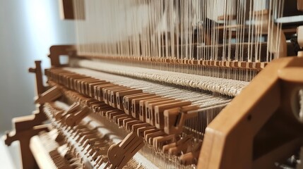 Poster - A close-up of a weaving loom with vertical threads arranged precisely, and wooden shuttles in position, highlighting the intricate mechanics and craftsmanship of textile artistry
