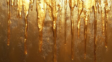 Poster - A close-up of golden liquid dripping down a textured surface, with light reflecting off the fluid, creating a glossy and radiant effect that highlights its rich texture