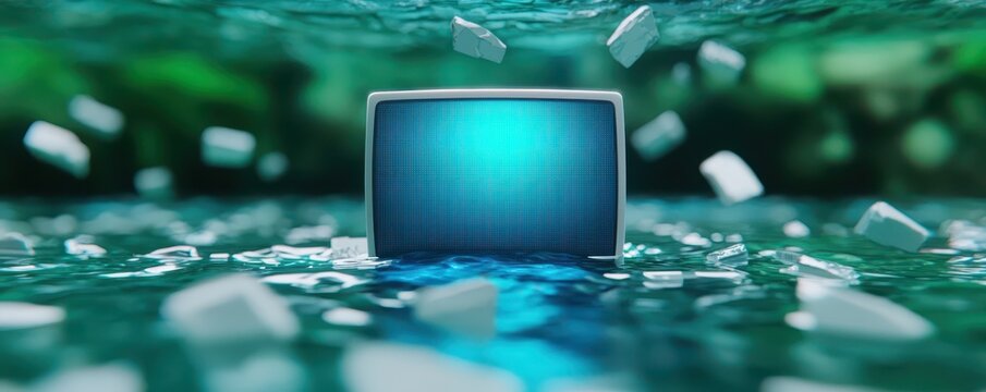Drowning technology a computer monitor submerged in water abstract concept digital environment isolated perspective