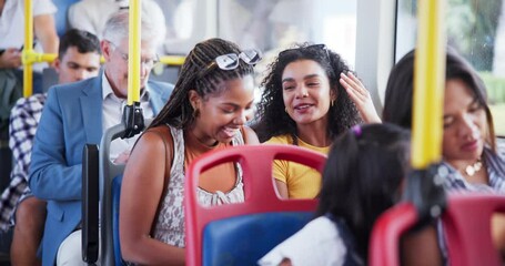 Poster - travel, women and friends in bus, commuting and laughing at post on social media, smartphone and smi