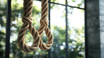 Poster - A detailed shot of decorative rope knots hanging in a contemporary indoor space, with natural light streaming through large windows, showcasing the blend of modern aesthetics and craftsmanship