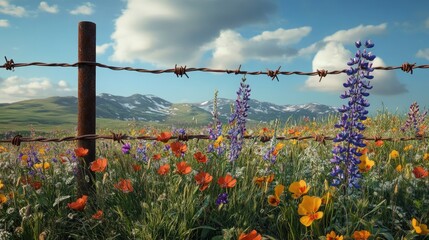 Poster - A field of wildflowers grows behind a rusted barbed wire fence, symbolizing the clash between natural beauty and human intervention