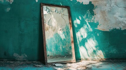 Poster - A fragmented mirror on the floor of an old room with decaying teal walls, reflecting the light of a forgotten, crumbling space