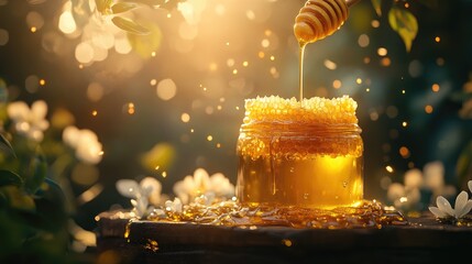 Poster - A honeycomb dripping golden honey into a glass jar, bathed in soft, warm light, showcasing the natural beauty of honey in a tranquil, culinary-inspired shot
