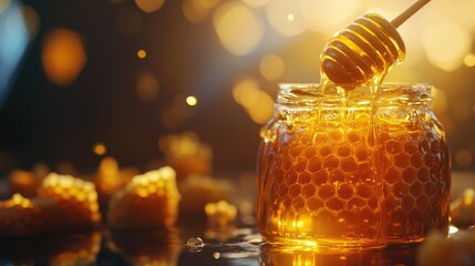 Poster - A honeycomb dripping golden honey into a glass jar, bathed in soft, warm light, showcasing the natural beauty of honey in a tranquil, culinary-inspired shot