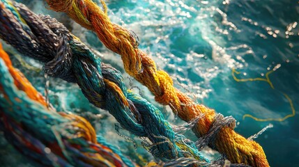 Fototapete - A mesmerizing close-up of colorful, intricately woven cables and ropes, set against a shimmering turquoise sea, creating an abstract, textured scene