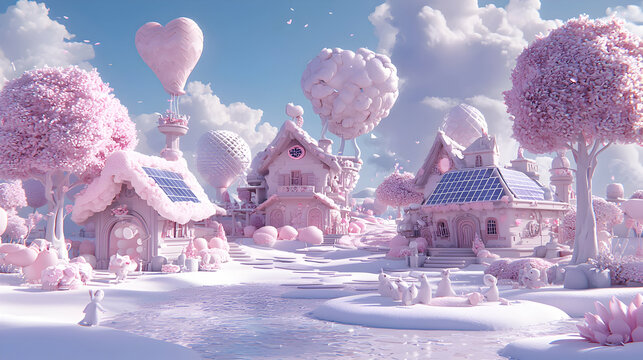 Whimsical Pastel Pink Village with Bunnies and Heart Balloons