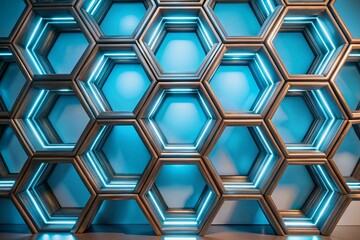Poster - Futuristic hexagonal design glowing with blue light, ideal for templates, backgrounds, or thumbnails