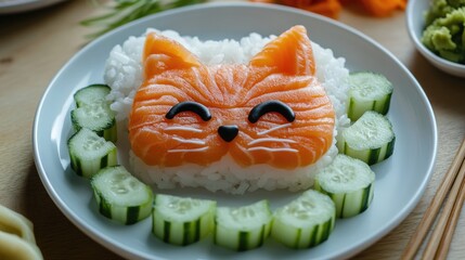 Poster - A plate of decorative sushi shaped like a cat face, featuring salmon, cucumber, and rice, ideal for creative and fun culinary presentations