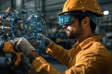 Poster - Worker uses AR tech for automation in an advanced manufacturing facility