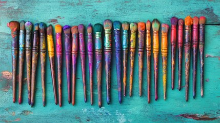 Poster - A row of vibrant paintbrushes, each with unique colorful paint stains, set against a rustic teal wooden surface, ideal for art and creativity-inspired designs
