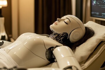 Poster - Humanoid robot in a tranquil setting undergoing maintenance and calm reflection