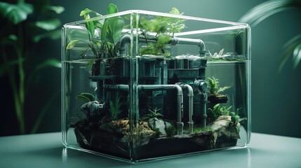 Poster - A transparent cube diorama showcasing a self-sustaining ecosystem with green plants, pipes, and miniature water features, capturing nature resilience and balance