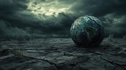 Poster - Apocalyptic scene with a cracked earth sphere and dark, stormy clouds, highlighting the devastation of environmental collapse in a bleak, dystopian landscape