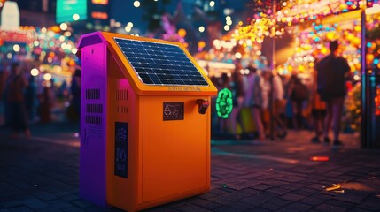 Poster - Brightly designed solar-powered waste container with a solar panel, set against a lively urban festival atmosphere with a vibrant crowd and a modern vibe