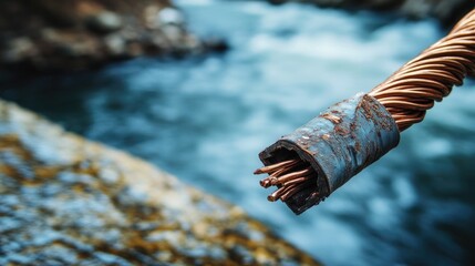 Poster - Close-up of a broken electrical cable, revealing exposed copper wires by a riverbank, symbolizing damage to infrastructure and the importance of electrical safety