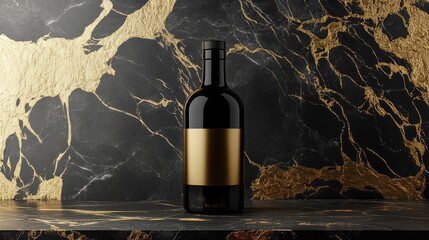 Poster - Close-up of a dark glass bottle with a blank gold label sitting on a sleek marble surface with golden veining, showcasing a clean, modern aesthetic and timeless elegance