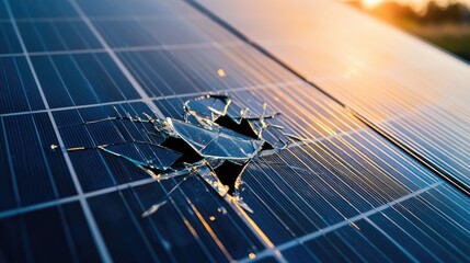Poster - Close-up shot of shattered glass on a solar panel, highlighting the damage, repair needs, and vulnerabilities in renewable energy technology, symbolizing the impact of wear and tear