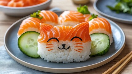 Poster - Decorative sushi resembling a cat face, with salmon, cucumber, nori, and rice, arranged beautifully on a plate, adding a playful twist to a traditional dish