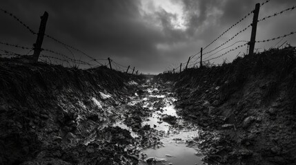 Poster - Evocative black and white image of a muddy trench with barbed wire under a dark, overcast sky, reminiscent of a World War I battlefield, conveying a somber, historical atmosphere