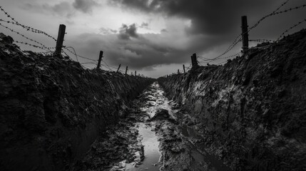 Poster - Evocative black and white image of a muddy trench with barbed wire under a dark, overcast sky, reminiscent of a World War I battlefield, conveying a somber, historical atmosphere