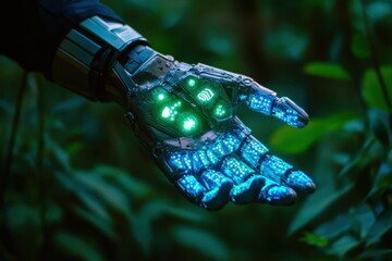 Poster - Unique robotic hand illuminated by blue lights in a lush green environment